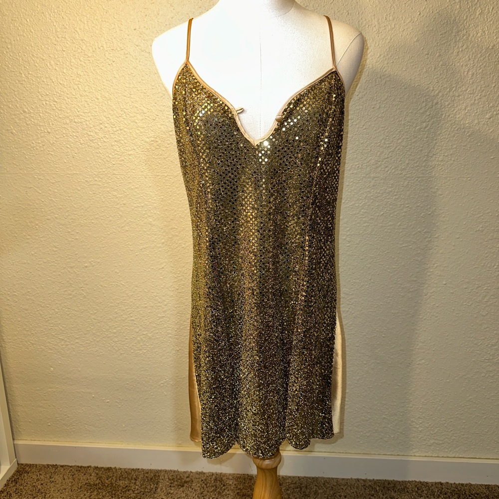 Night Magic by Cinema Etoile | Gold Sequin Satin Slip Dress Nightgown Lingerie